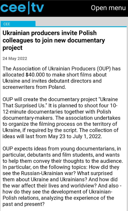 Українські продюсери запрошують польських колег долучитися до нового документального проєкту